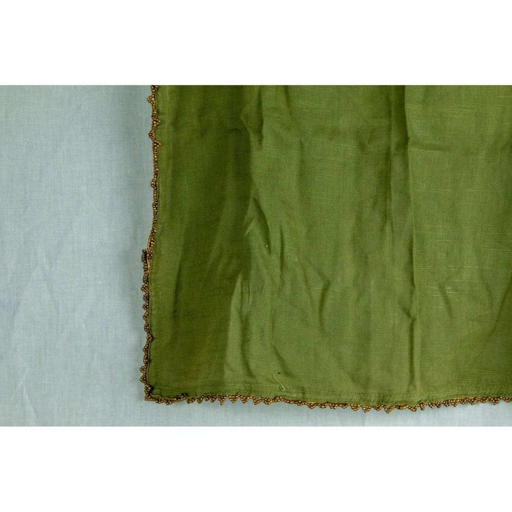 Vintage Green Square Scarf Gold Beaded Scalloped Trim Sheer Olive Boho Wrap